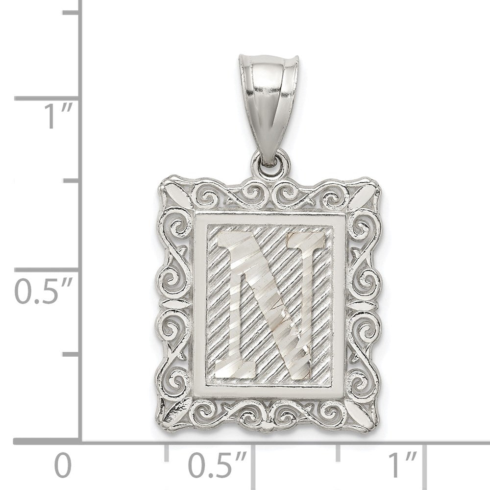 Sterling Silver Square Diamond-Cut Letter N Initial Pendant