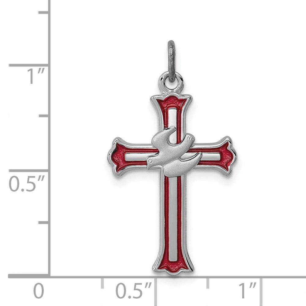Sterling Silver Rhodium-Plated Enameled Cross W/Dove Charm