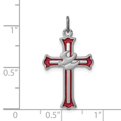 Sterling Silver Rhodium-Plated Enameled Cross W/Dove Charm