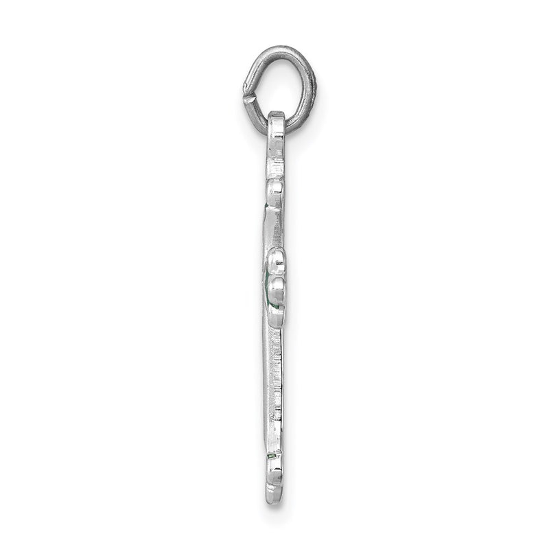 Sterling Silver Rhodium-Plated Green Enameled Budded Cross Charm