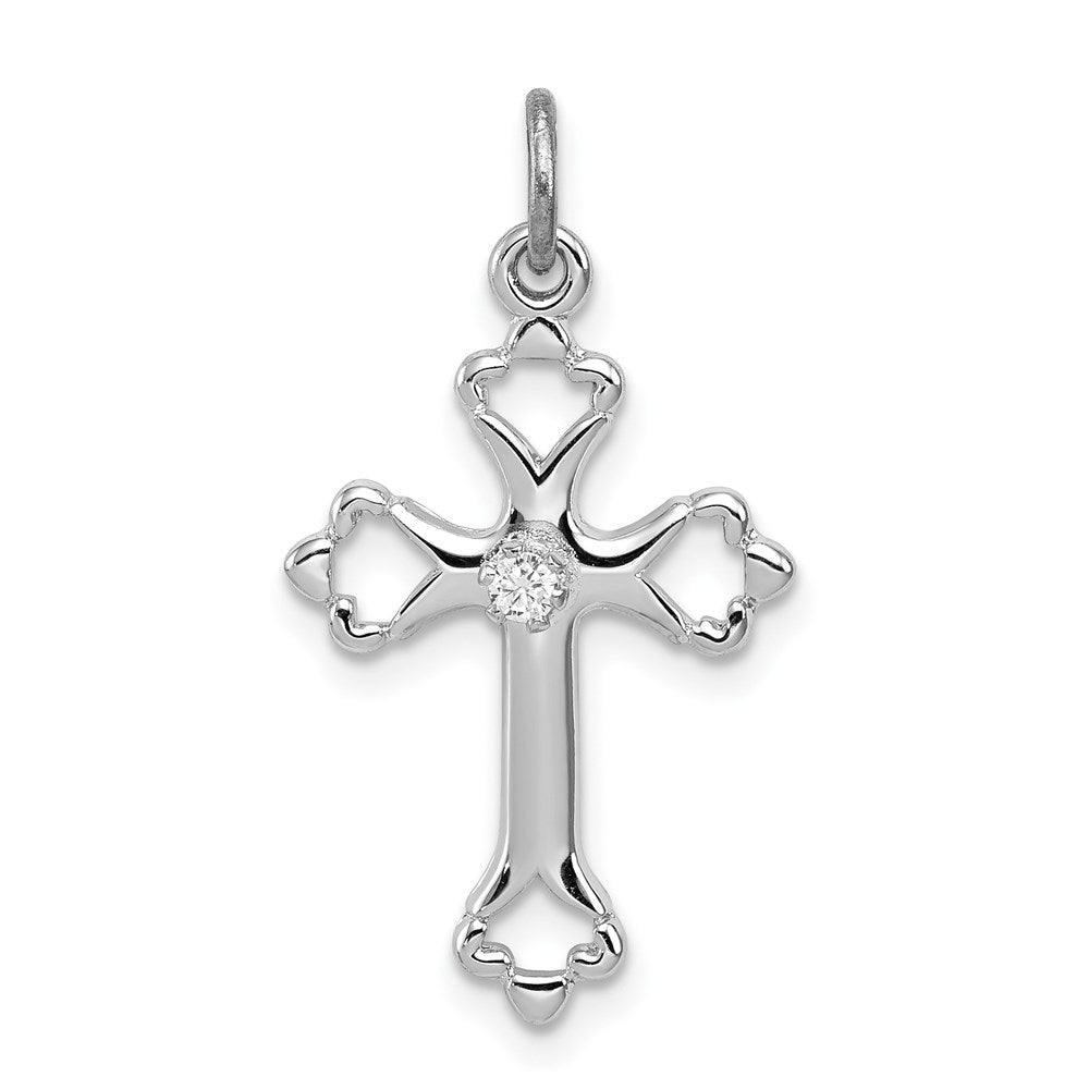 Sterling Silver Rhodium-Plated Budded Cross W/Cz Charm