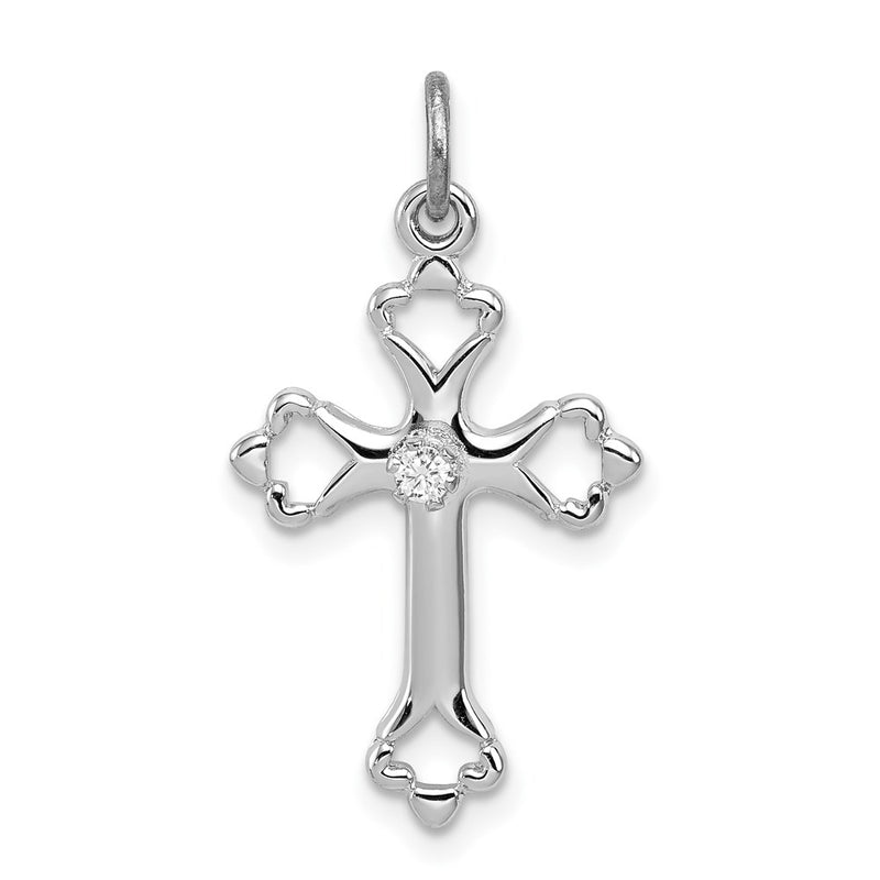Sterling Silver Rhodium-Plated Budded Cross W/Cz Charm
