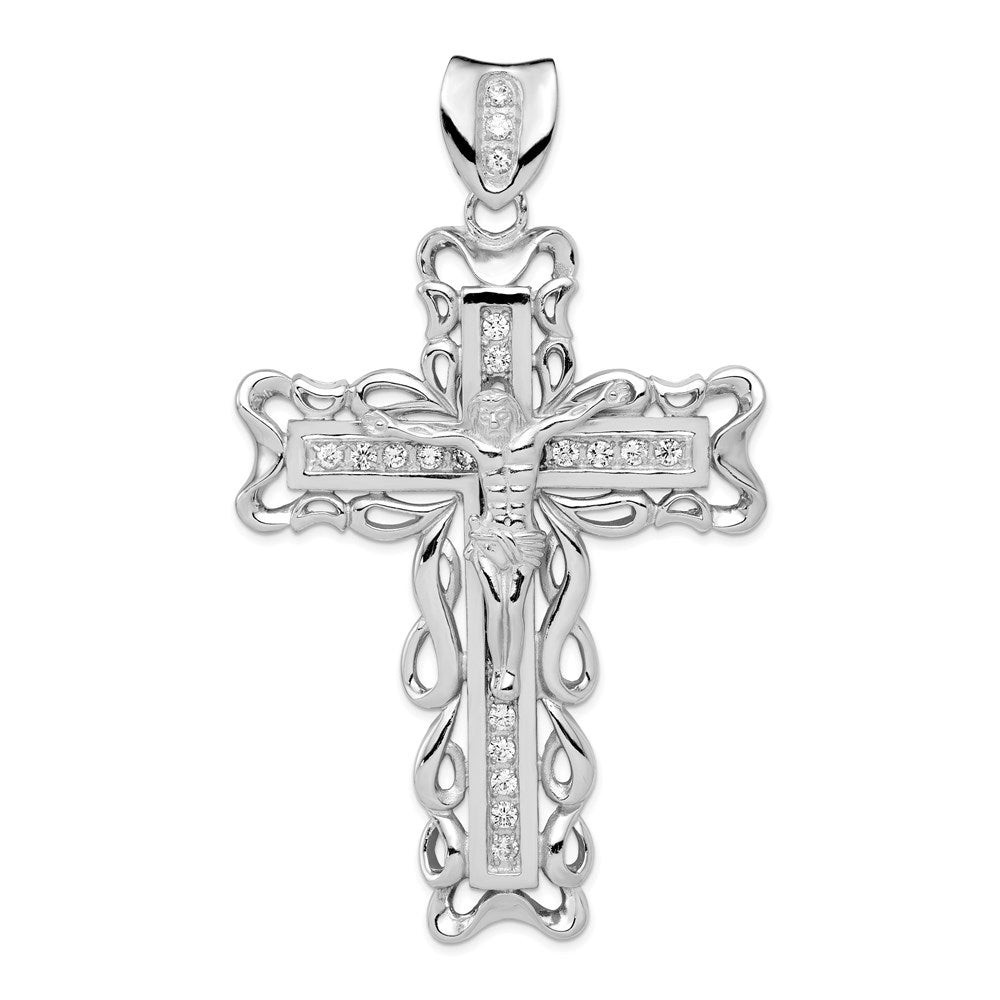 Sterling Silver Rhodium-Plated Cz Crucifix Pendant