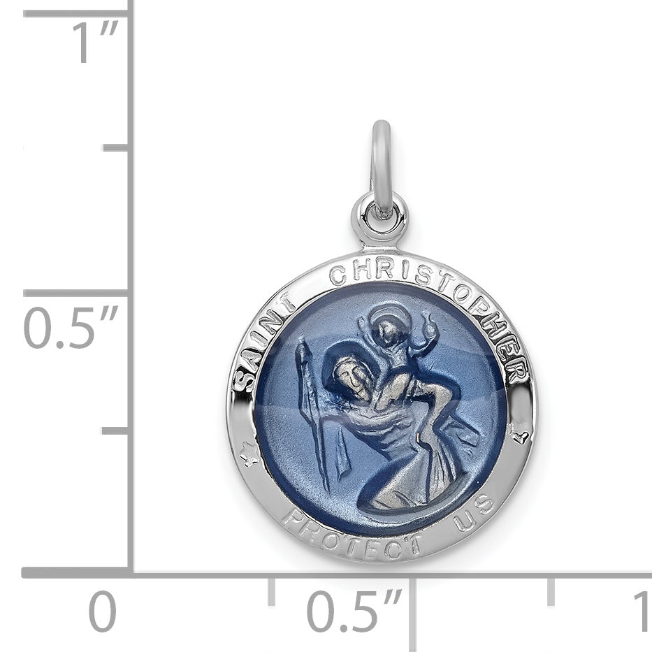 Sterling Silver Rhodium-Plated Blue Epoxy St. Christopher Medal