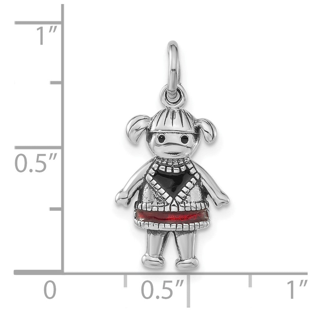 Sterling Silver Polished & Antiqued Red Black Enamel Girl Charm