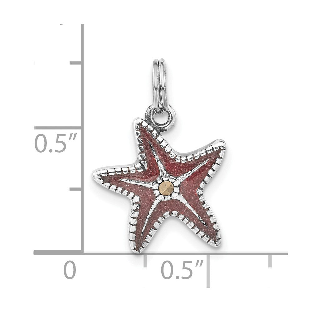 Sterling Silver Polished & Antiqued Marcasite Red Enameled Starfish Charm