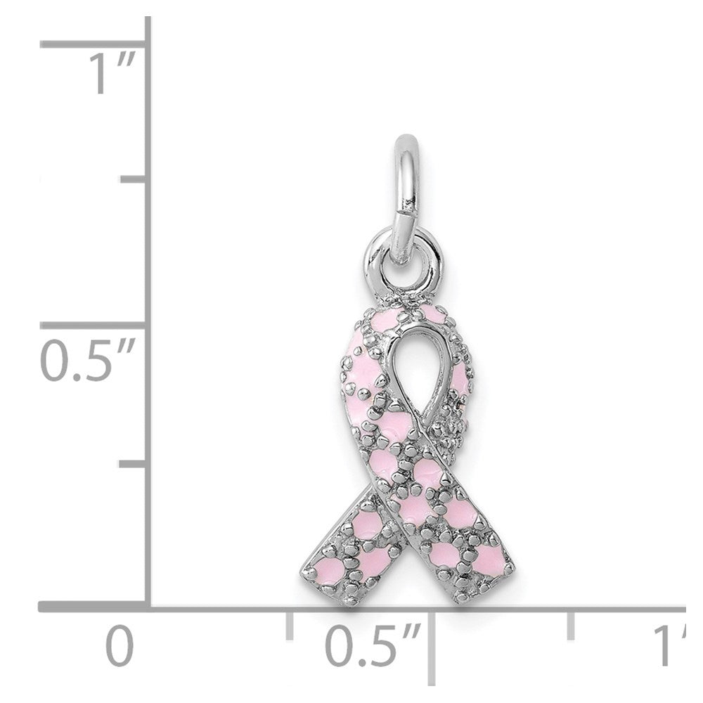 Sterling Silver Rhodium-Plated Enameled Pink Ribbon Charm