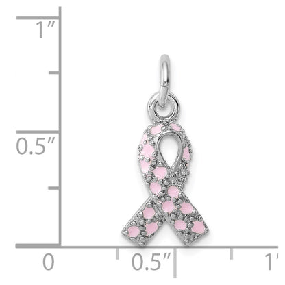 Sterling Silver Rhodium-Plated Enameled Pink Ribbon Charm