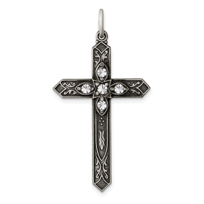 Sterling Silver Antiqued April Glass Birthstone Cross Pendant