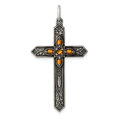 Sterling Silver Antiqued November Glass Birthstone Cross Pendant