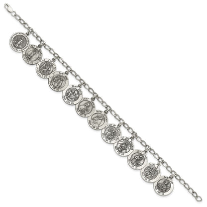 7 Inch Sterling Silver Antiqued 12 Saints 8In Bracelet