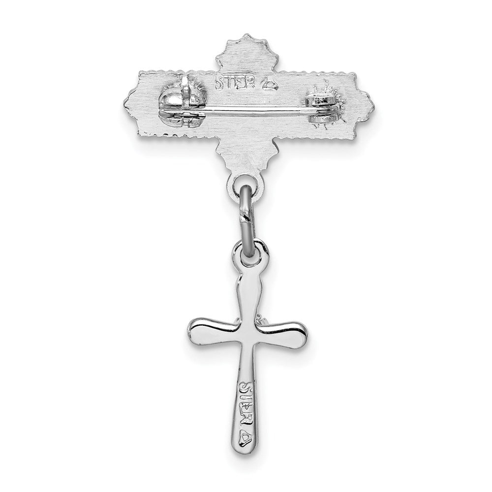 Sterling Silver Rhodium-Plated Polished Cz Cross Dangle Pin Brooch