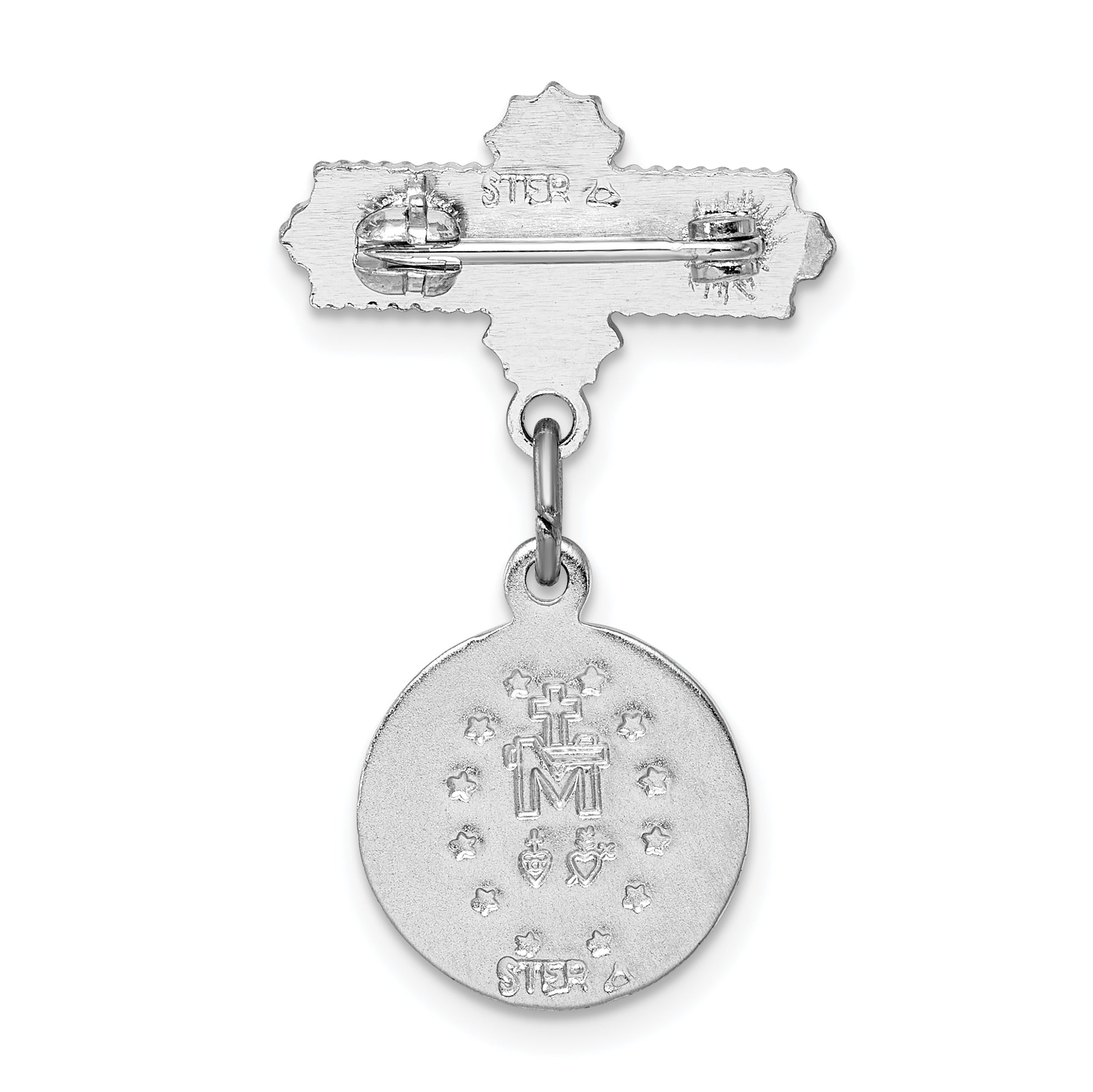 Sterling Silver Rhodium-Plated Miraculous Medal Dangle Pin Brooch