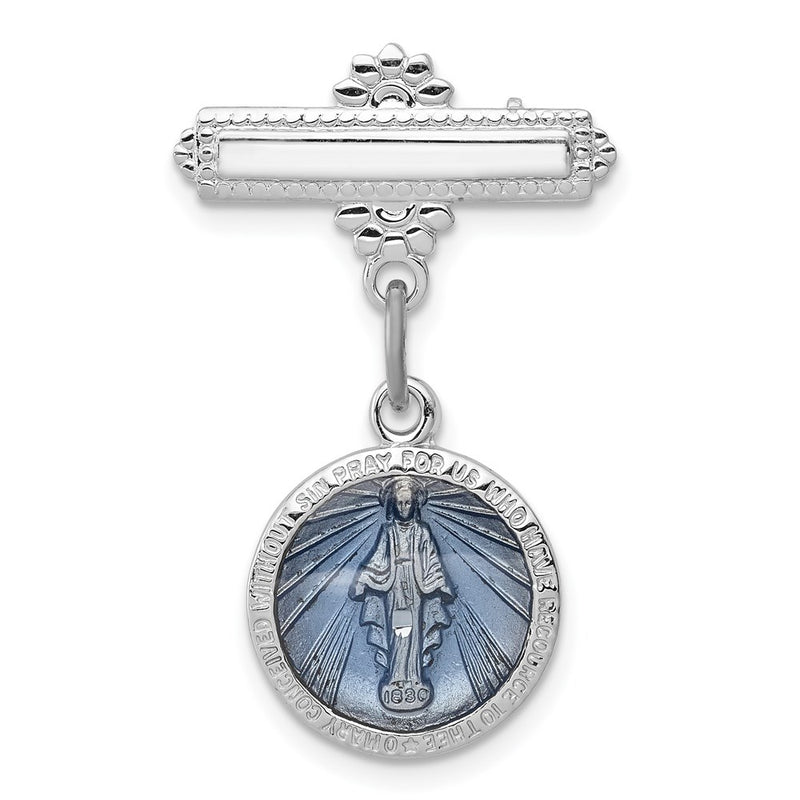 Sterling Silver Rhodium-Plated Enameled Miraculous Medal Pin