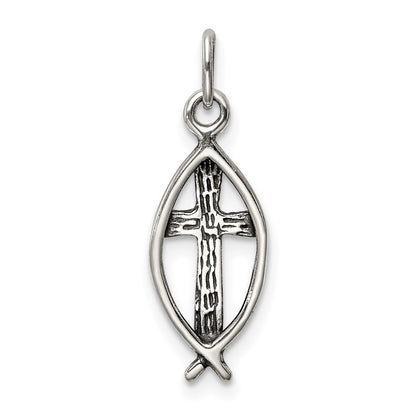 Sterling Silver Antiqued Ichthus Fish Cross Charm