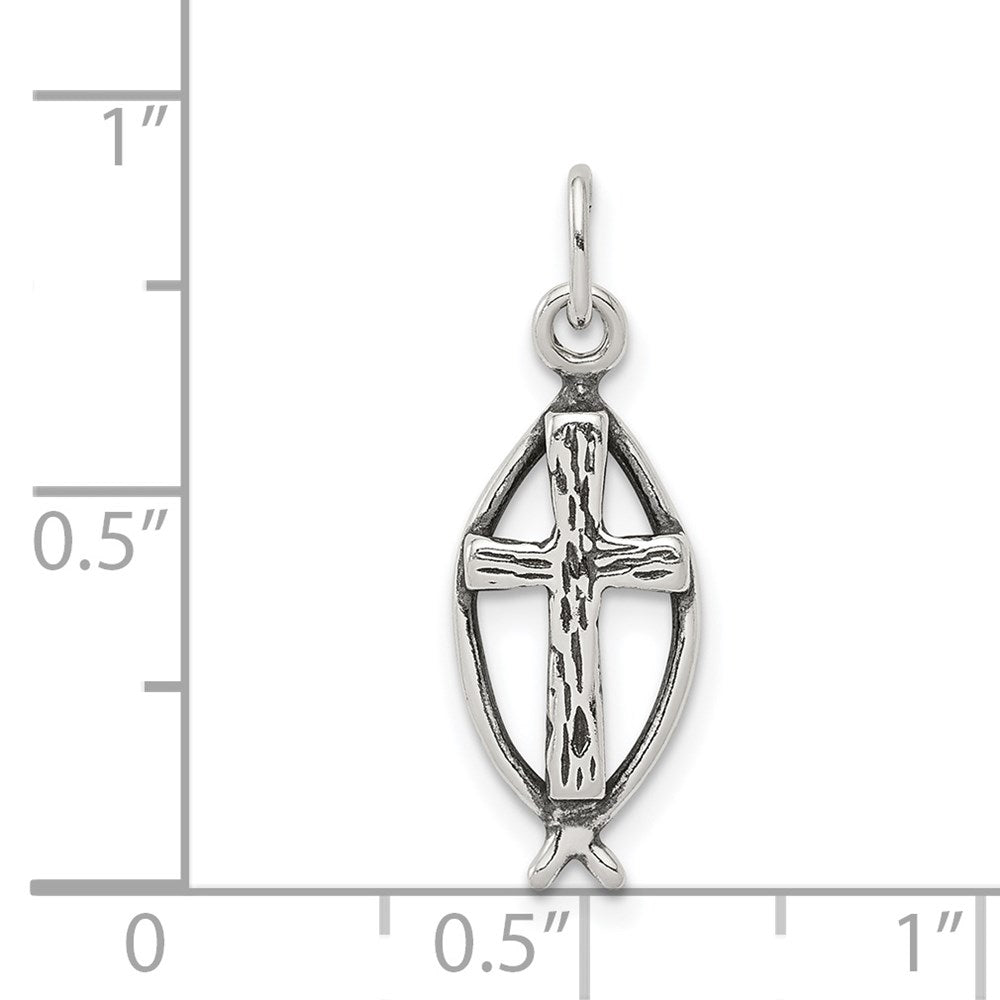 Sterling Silver Antiqued Ichthus Fish Cross Charm