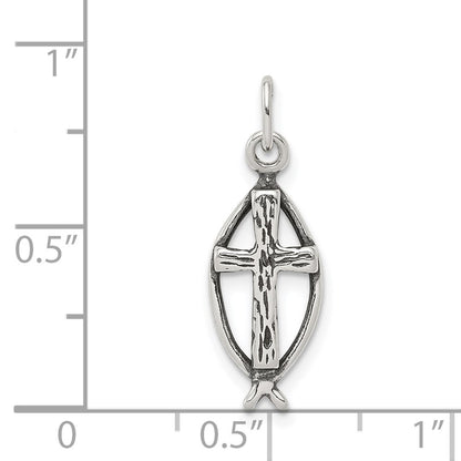 Sterling Silver Antiqued Ichthus Fish Cross Charm