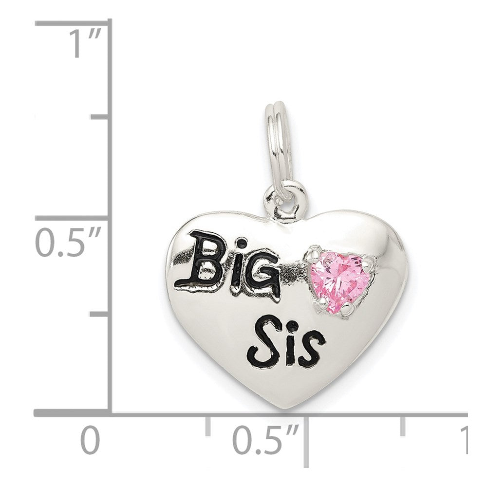 Sterling Silver Rhodium-Plated Big Sis Cz Heart Charm