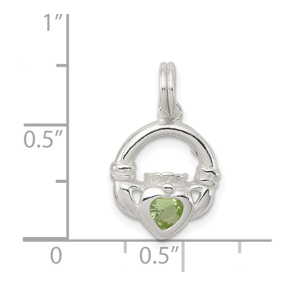 Sterling Silver Rhodium-Plated Claddagh With Green Cz Charm