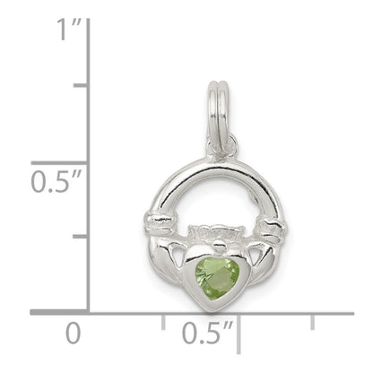 Sterling Silver Rhodium-Plated Claddagh With Green Cz Charm