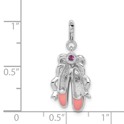 Sterling Silver Rhodium-Plated Pink Enameled Ballet Slippers Charm