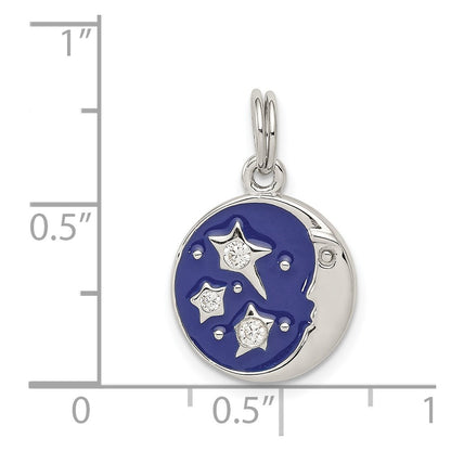 Sterling Silver Rhodium-Plated Enameled And Cz Moon Star Charm