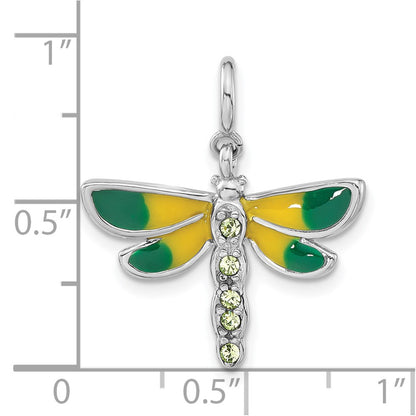 Sterling Silver Rhodium-Plated Polished Green Cz & Enameled Dragonfly W/ Spring Ring Clasp Charm