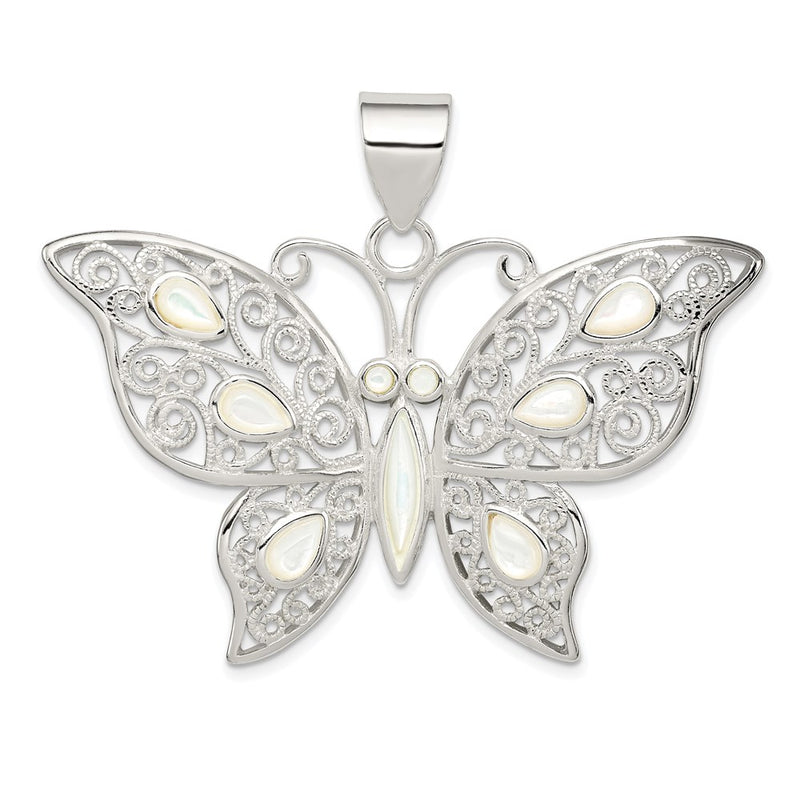 Sterling Silver Filigree Fancy Mother Of Pearl Butterfly Pendant