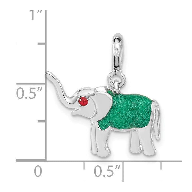 Sterling Silver 3-D Red Cz & Green Enameled Elephant Charm