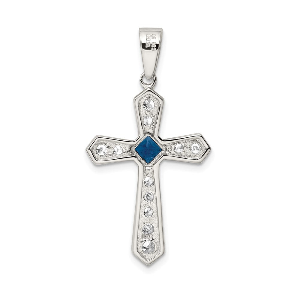 Sterling Silver Rhodium-Plated Blue Cz Center & Passion Cross Pendant