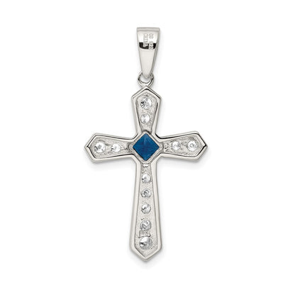 Sterling Silver Rhodium-Plated Blue Cz Center & Passion Cross Pendant