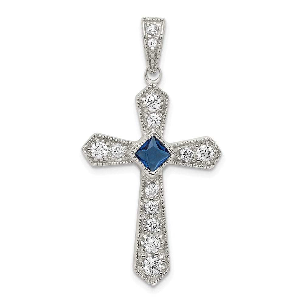 Sterling Silver Rhodium-Plated Blue Cz Center & Passion Cross Pendant