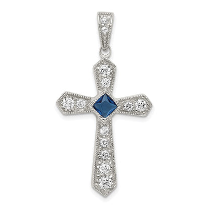 Sterling Silver Rhodium-Plated Blue Cz Center & Passion Cross Pendant
