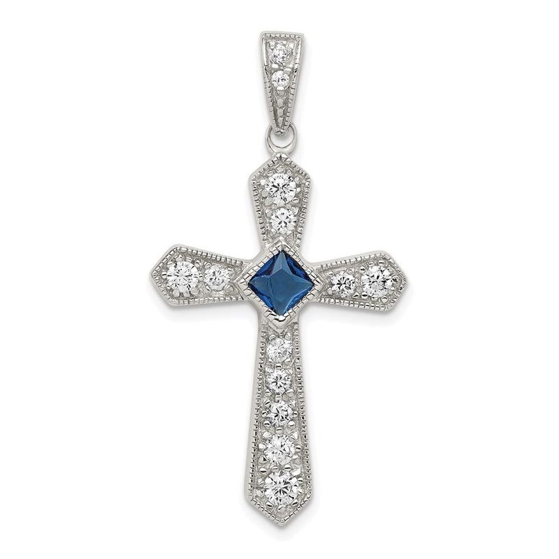 Sterling Silver Rhodium-Plated Blue Cz Center & Passion Cross Pendant