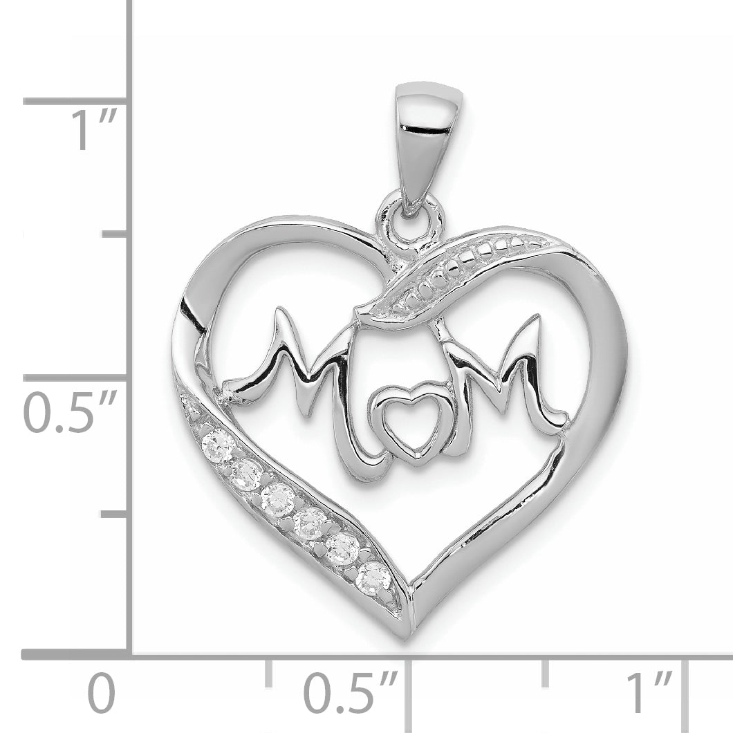 Sterling Silver Rhodium-Plated Mom Cz Heart Pendant