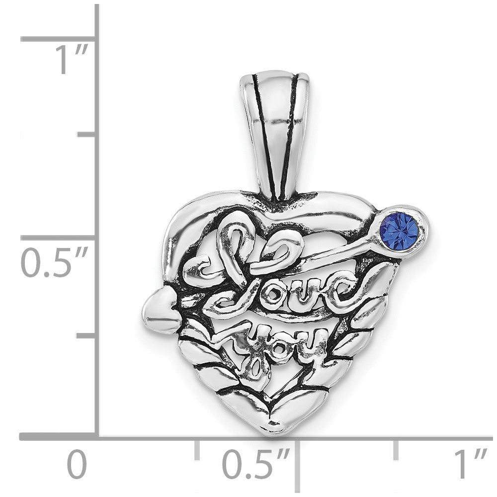Sterling Silver Polished & Antiqued Blue Crystal I Love You Heart Charm