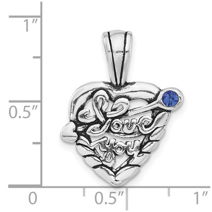 Sterling Silver Polished & Antiqued Blue Crystal I Love You Heart Charm
