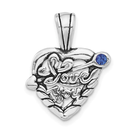 Sterling Silver Polished & Antiqued Blue Crystal I Love You Heart Charm