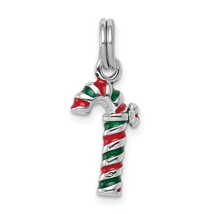 Sterling Silver Rhodium-Plated Enamel Candy Cane Charm