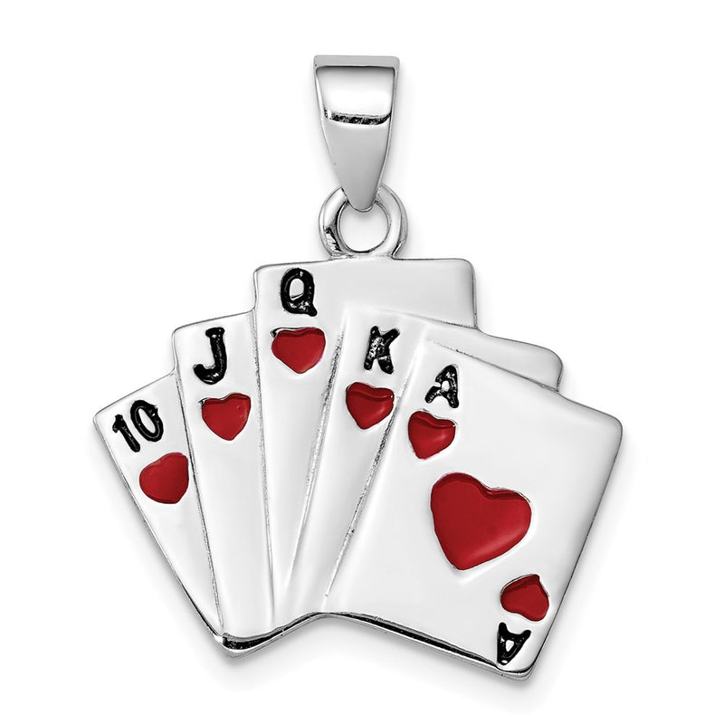 Sterling Silver Rhodium-Platedenamel Royal Flush Pendant