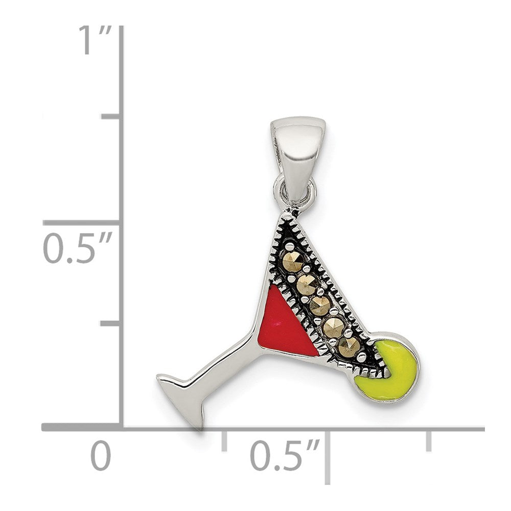 Sterling Silver Rhodium-Plated And Hematite-Plated Marcasite Red Green Enameled Martini Pendant