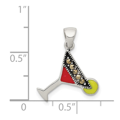 Sterling Silver Rhodium-Plated And Hematite-Plated Marcasite Red Green Enameled Martini Pendant