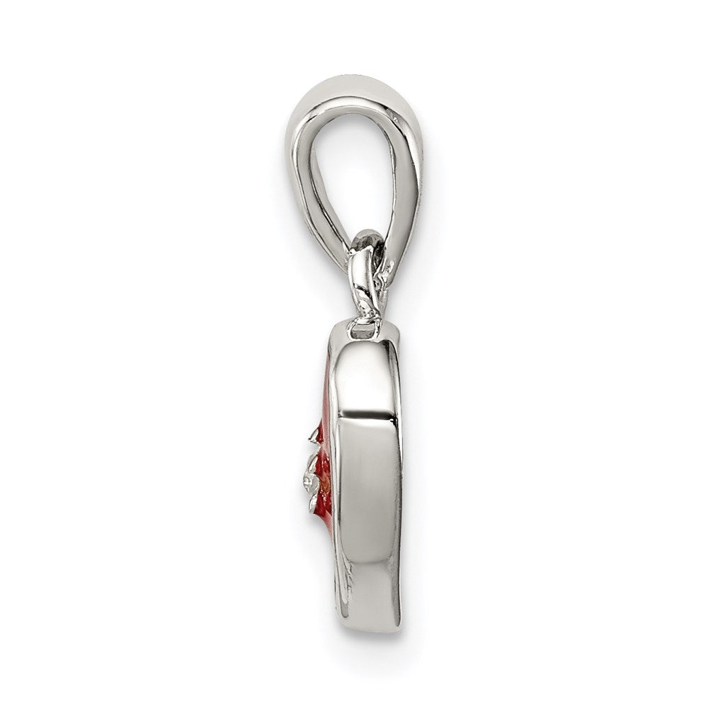 Sterling Silver Rhodium Plated Red Enamel With Cz Heart Pendant