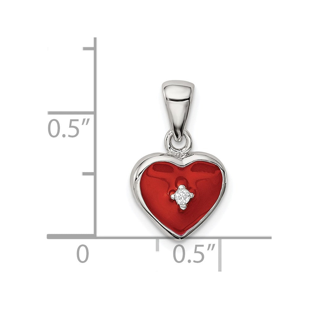 Sterling Silver Rhodium Plated Red Enamel With Cz Heart Pendant