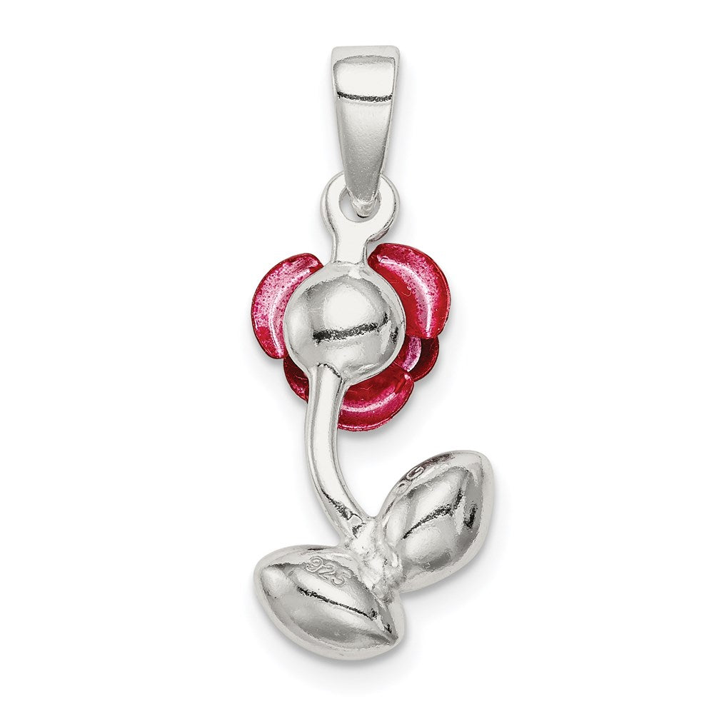 Sterling Silver Red Enamel W/Green Cz Rose Charm