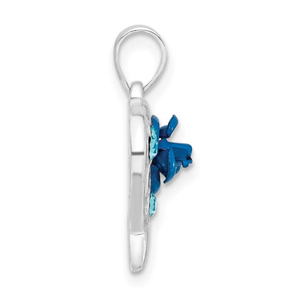 Sterling Silver Polished Enameled & Blue Cz Rose Heart Pendant