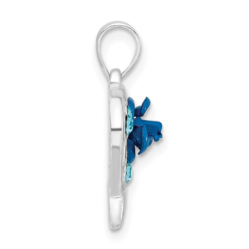 Sterling Silver Polished Enameled & Blue Cz Rose Heart Pendant