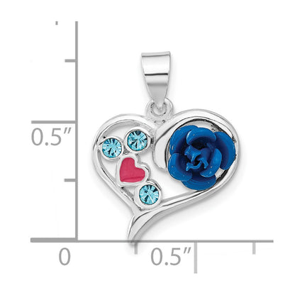 Sterling Silver Polished Enameled & Blue Cz Rose Heart Pendant