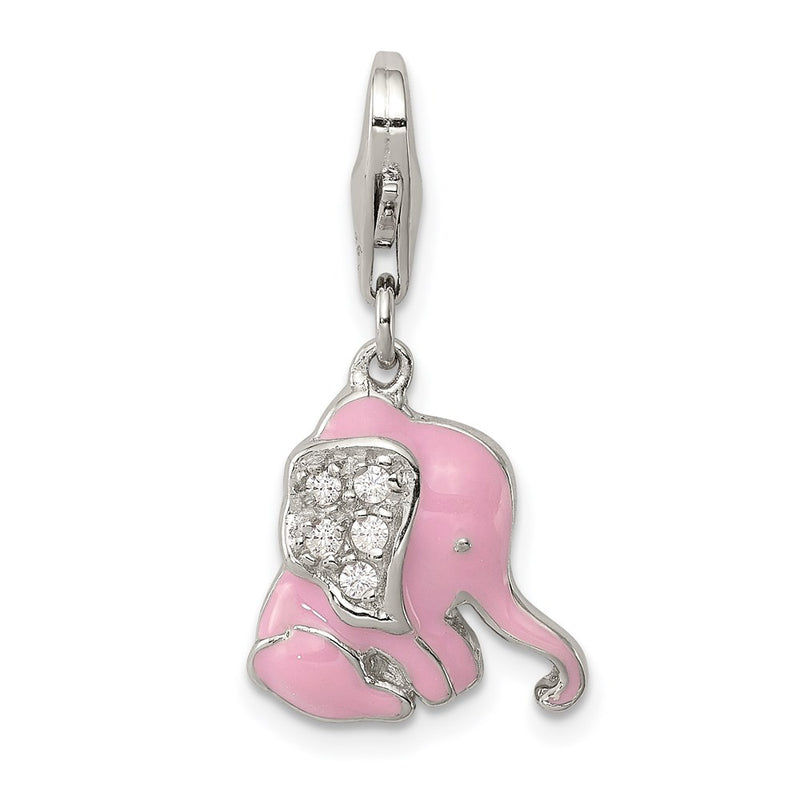 Sterling Silver Rhodium-Plated Pink Enameled Cz Elephant Charm