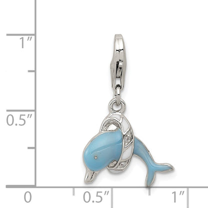 Sterling Silver Rhodium-Plated Enameled Dolphin With Lobster Clasp Charm